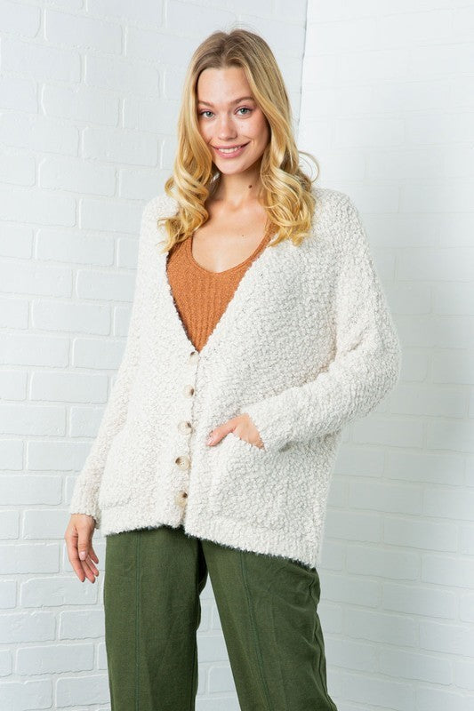 FURRY KNIT  BUTTON DOWN CARDIGAN-IVORY-