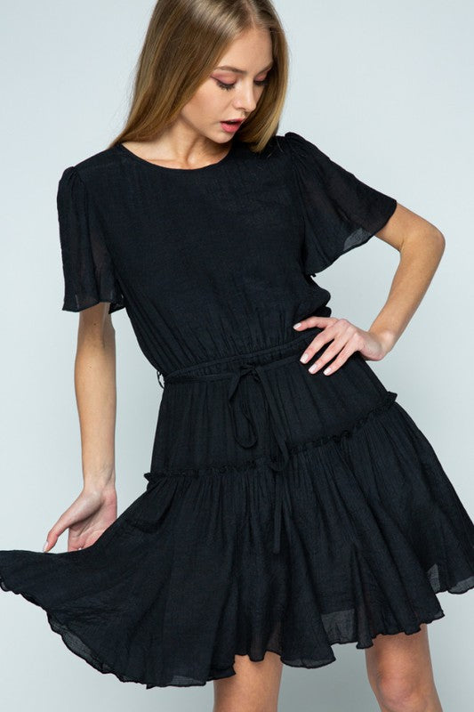 ROUND NECKLINE PLEATED FLARE SKIRT DRESS 28-BLACK-