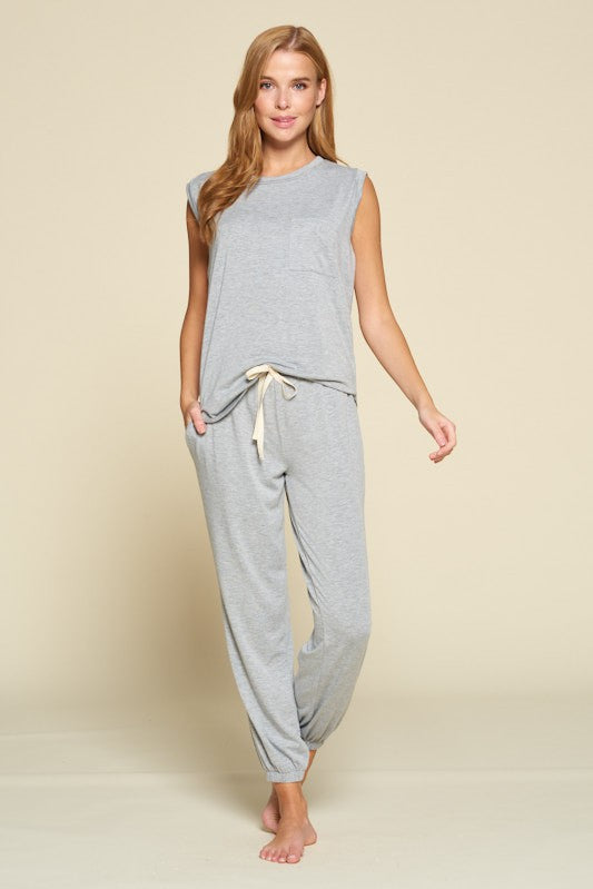 SOLID LOOSE FIT  TANK TOP WITH  LOUNGE PANT SET-HEATHER GREY-