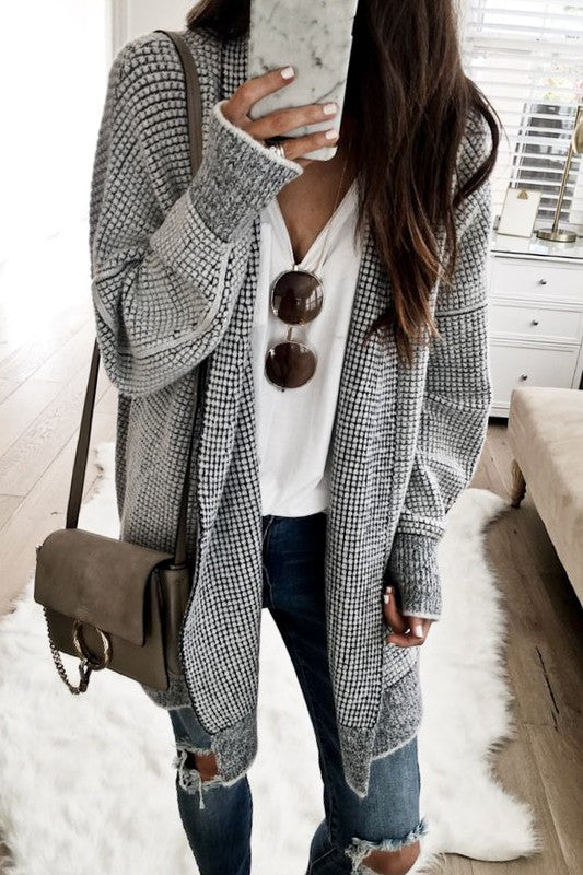 PLAID PATTERN OPEN FRONT KNITTED CARDIGAN-OFF WHITE COMBO