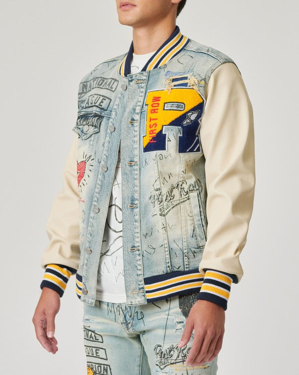 HAND DRAWING LEATHER SLEEVES DENIM VARSITY JACKET