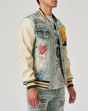 HAND DRAWING LEATHER SLEEVES DENIM VARSITY JACKET