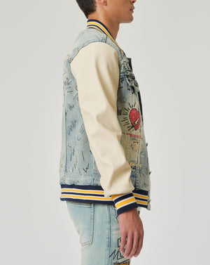 HAND DRAWING LEATHER SLEEVES DENIM VARSITY JACKET