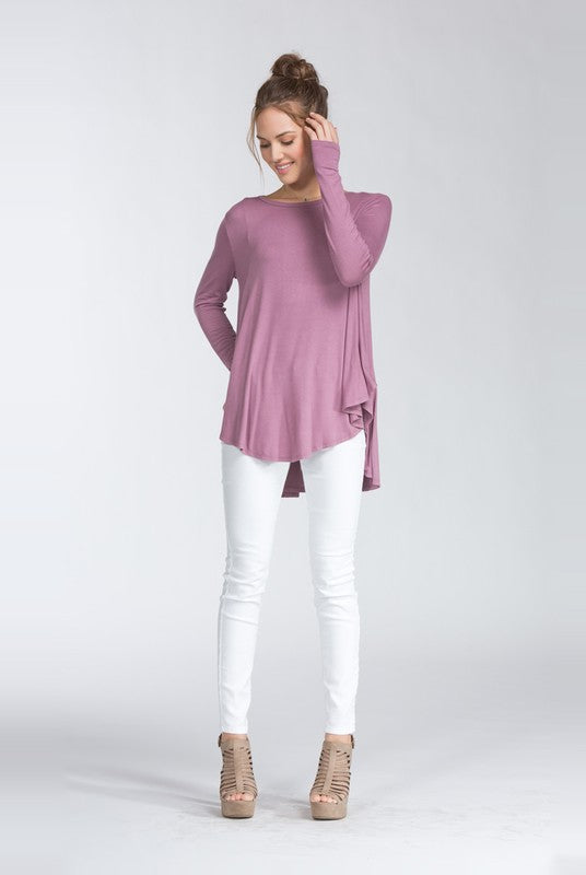 LONG SLEEVES  ROUNDED HEMS  HIGH-LOW KNIT TOP-MAUVE-