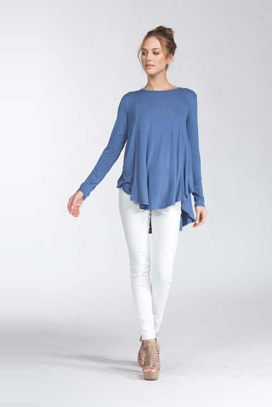 LONG SLEEVES  ROUNDED HEMS  HIGH-LOW KNIT TOP-SLATE BLUE-