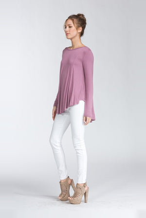 LONG SLEEVES  ROUNDED HEMS  HIGH-LOW KNIT TOP-MAUVE-