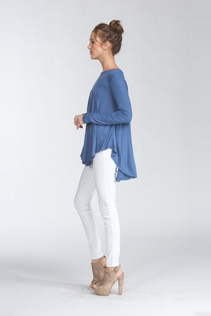 LONG SLEEVES  ROUNDED HEMS  HIGH-LOW KNIT TOP-SLATE BLUE-