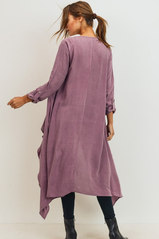 3/4 SLEEVES DRAPED WOVEN DUSTER CARDIGAN-MAUVE-