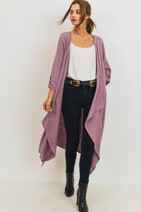 3/4 SLEEVES DRAPED WOVEN DUSTER CARDIGAN-MAUVE-