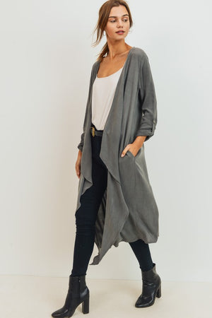 3/4 SLEEVES DRAPED WOVEN DUSTER CARDIGAN-CHARCOAL-