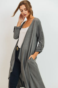 3/4 SLEEVES DRAPED WOVEN DUSTER CARDIGAN-CHARCOAL-